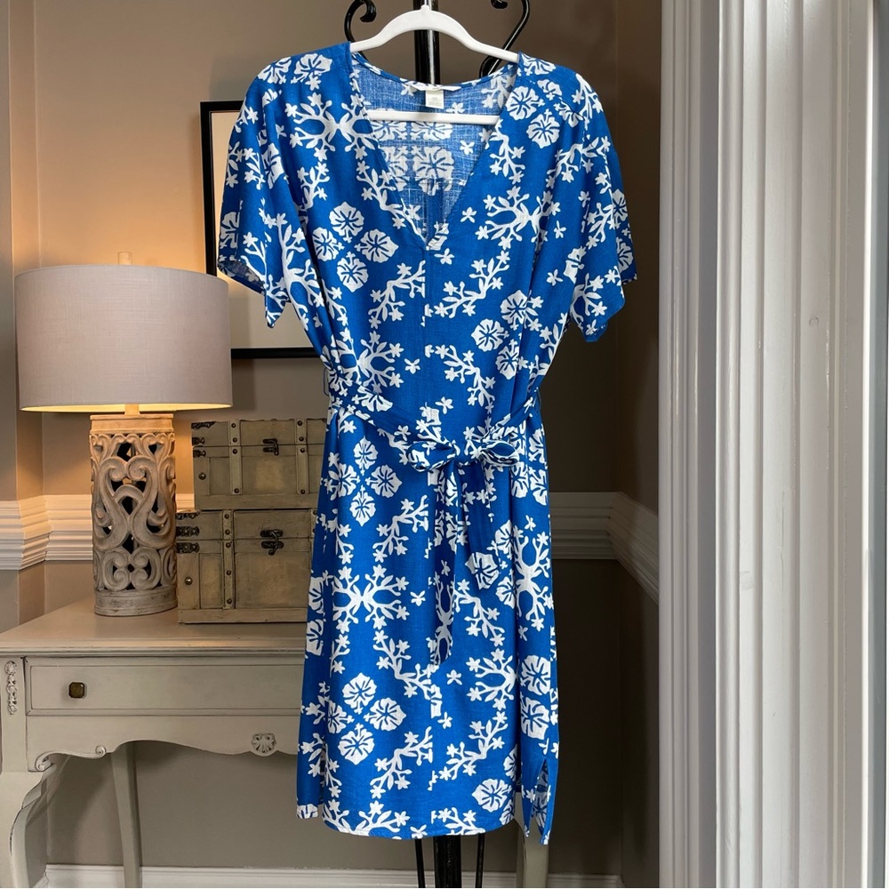 H&M Dress Womens Medium Blue White A-line Dress Linen Sleeves Belted Casual EUC